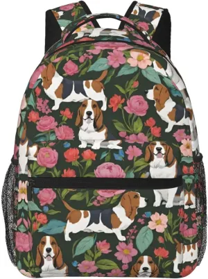 Polyester Daypack Backpack for Trekking Picnic Walking Cycling - Large Capacity Anti-Theft Multipurpose Shoulder Bag, Basset Hound Dog Flower Art Casual Daypack