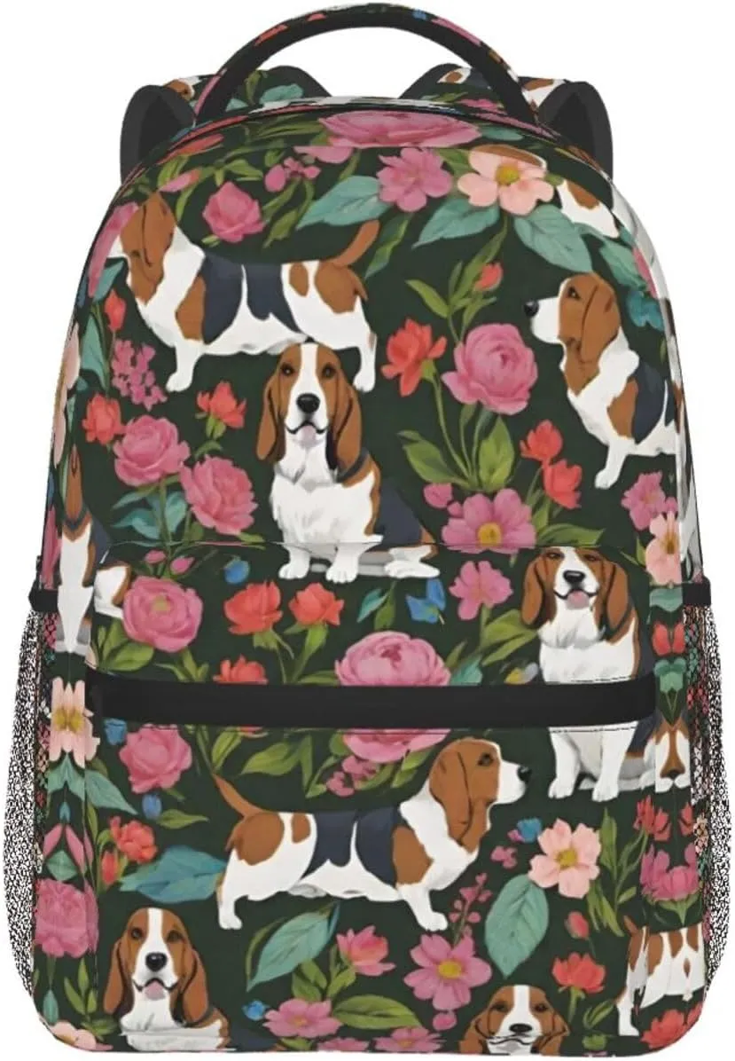 Polyester Daypack Backpack for Trekking Picnic Walking Cycling - Large Capacity Anti-Theft Multipurpose Shoulder Bag, Basset Hound Dog Flower Art Casual Daypack