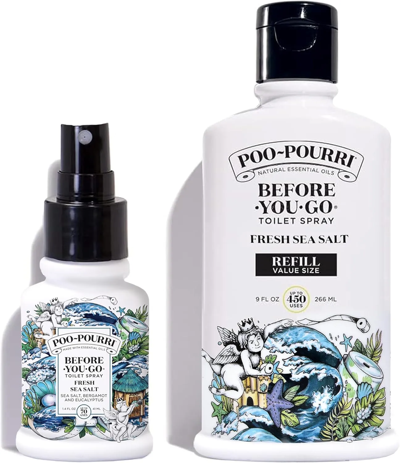 Poo-Pourri Before-You-Go Toilet Spray, Fresh Sea Salt, Refill Bottle 9 Fl Oz and 1.4 Fl Oz Spray- Sea Salt Bergamot and Eucalyptus