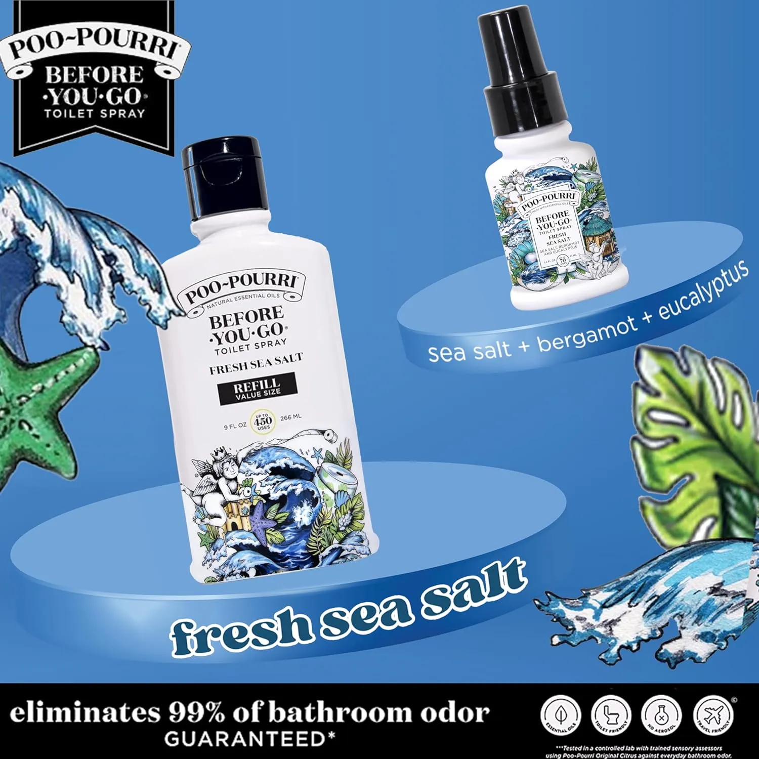 Poo-Pourri Before-You-Go Toilet Spray, Fresh Sea Salt, Refill Bottle 9 Fl Oz and 1.4 Fl Oz Spray- Sea Salt Bergamot and Eucalyptus