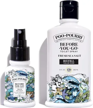 Poo-Pourri Before-You-Go Toilet Spray, Fresh Sea Salt, Refill Bottle 9 Fl Oz and 1.4 Fl Oz Spray- Sea Salt Bergamot and Eucalyptus
