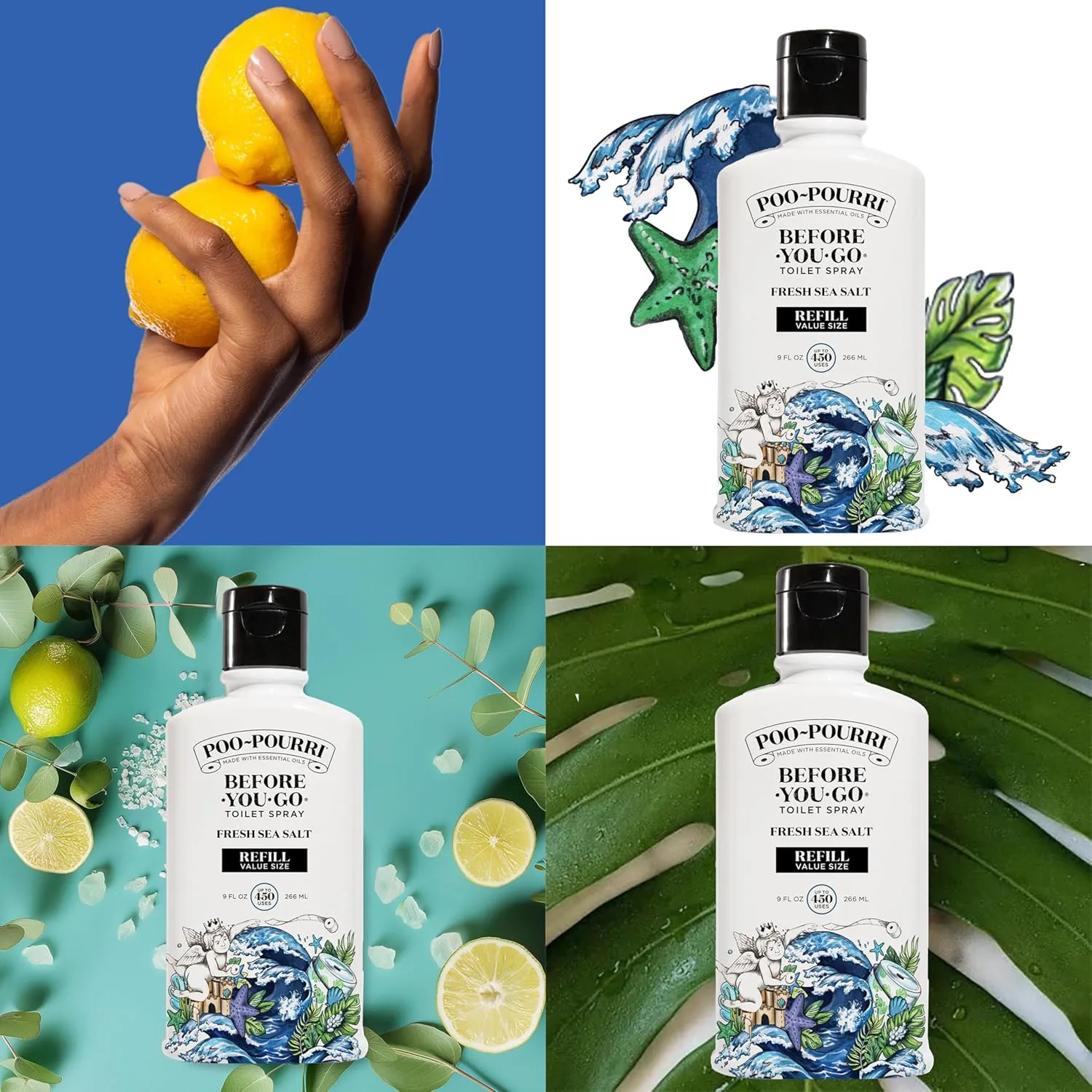 Poo-Pourri Before-You-Go Toilet Spray, Fresh Sea Salt, Refill Bottle 9 Fl Oz and 1.4 Fl Oz Spray- Sea Salt Bergamot and Eucalyptus