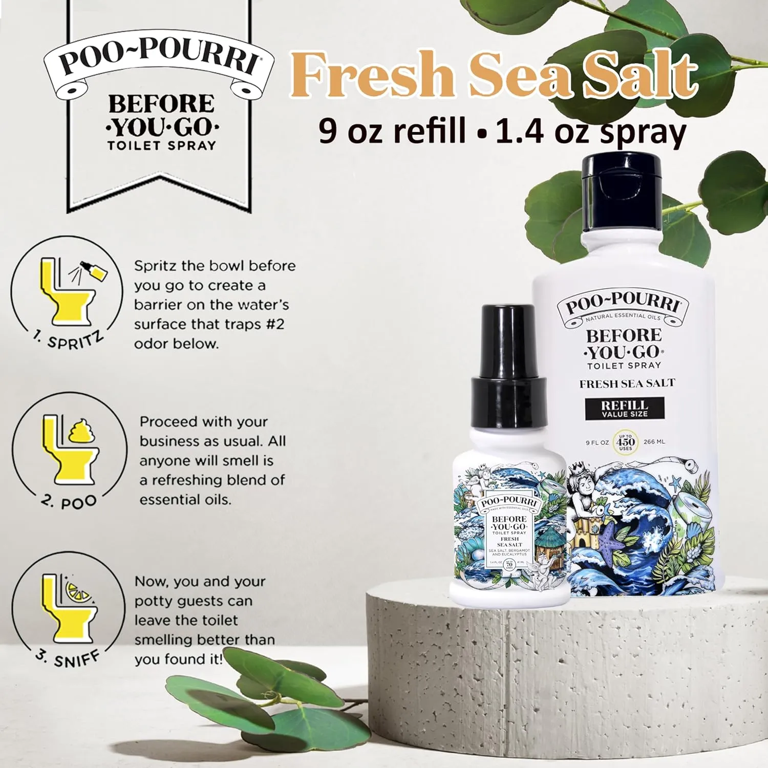 Poo-Pourri Before-You-Go Toilet Spray, Fresh Sea Salt, Refill Bottle 9 Fl Oz and 1.4 Fl Oz Spray- Sea Salt Bergamot and Eucalyptus
