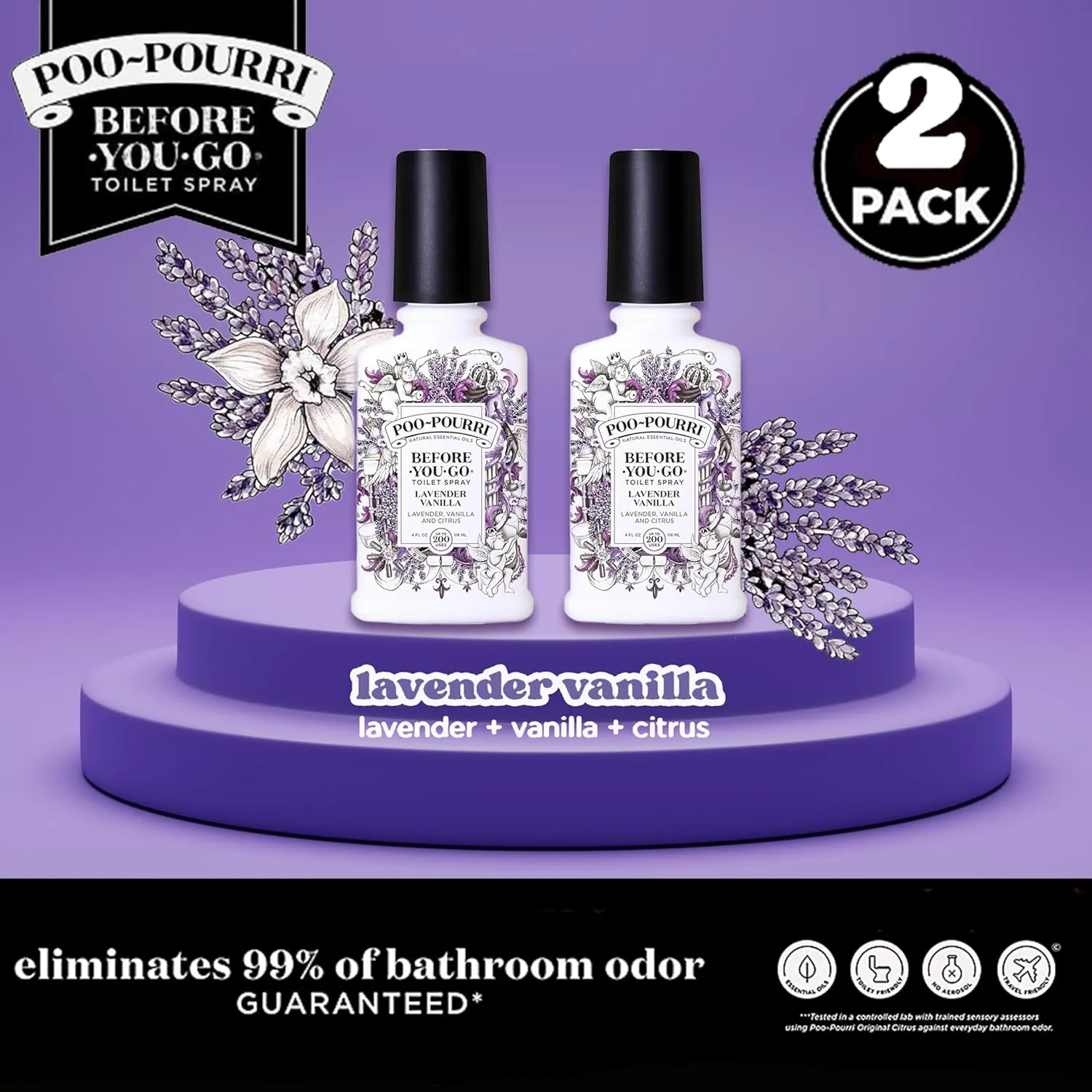 Poo-Pourri, Before-You-Go Toilet Spray, Original Lavender Vanilla - 4 oz, 2 Pack