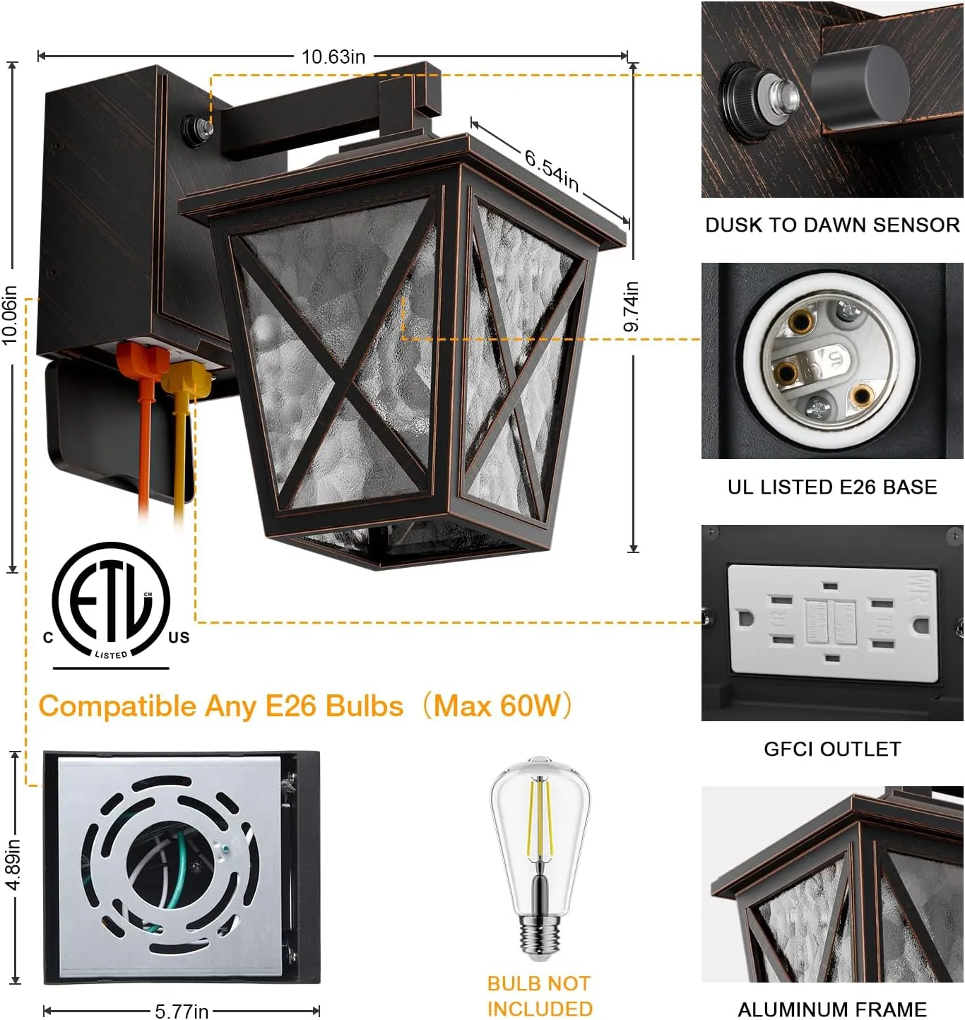 Porch Lights with Outlet, Dusk to Dawn Outdoor Light with Outlet Built-in, Waterproof Anti-Rust Lantern Outside Light with GFCI Outlet, Wall Sconce Light with Plug for Front Door (Bronze 1 PC)