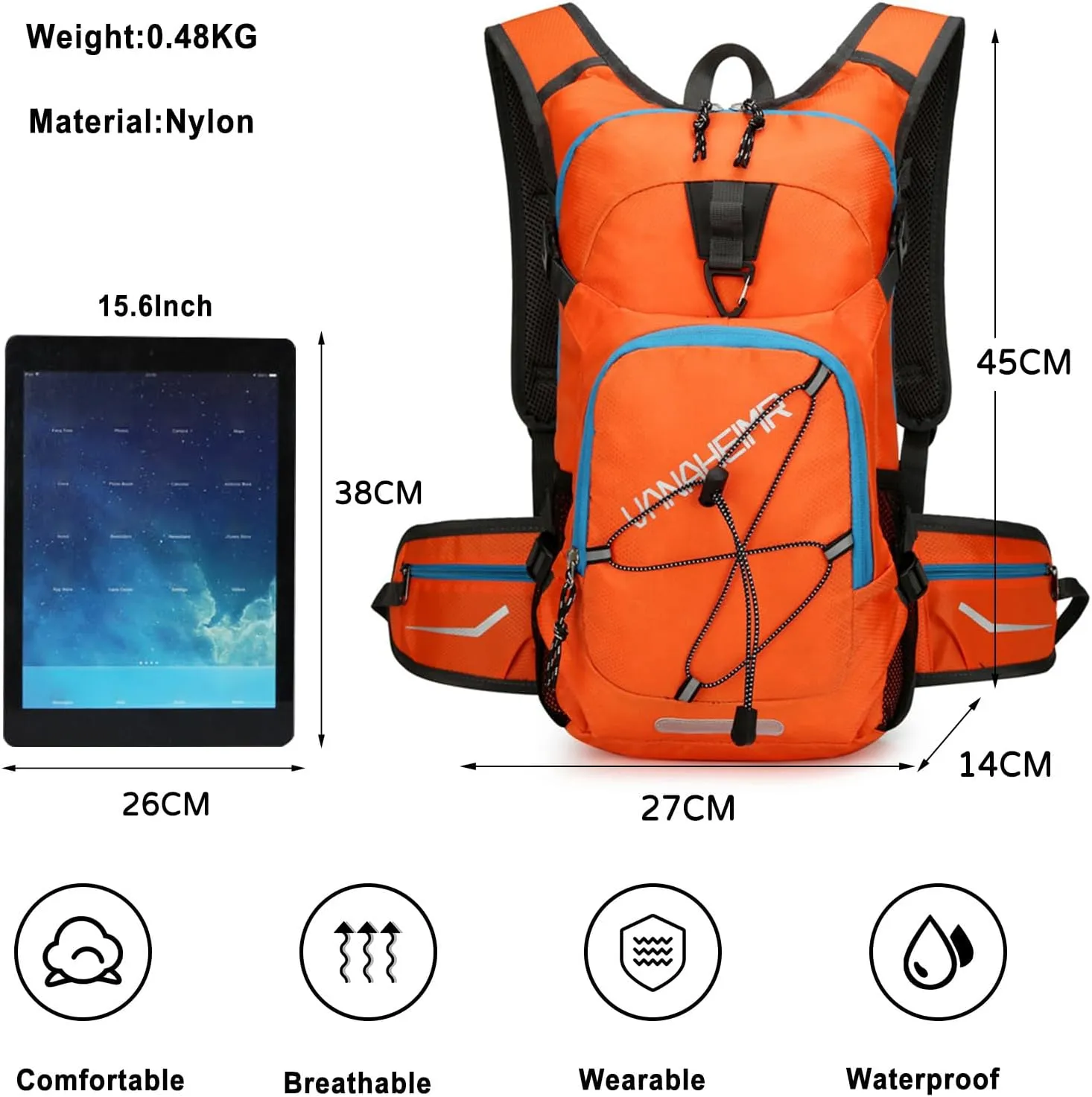 PORRASSO Hiking Backpack 18L Waterproof Rucksack Daypack Lightweight Backpack for Women Men Camping Trekking Cycling Climbing Outdoor Sports Orange