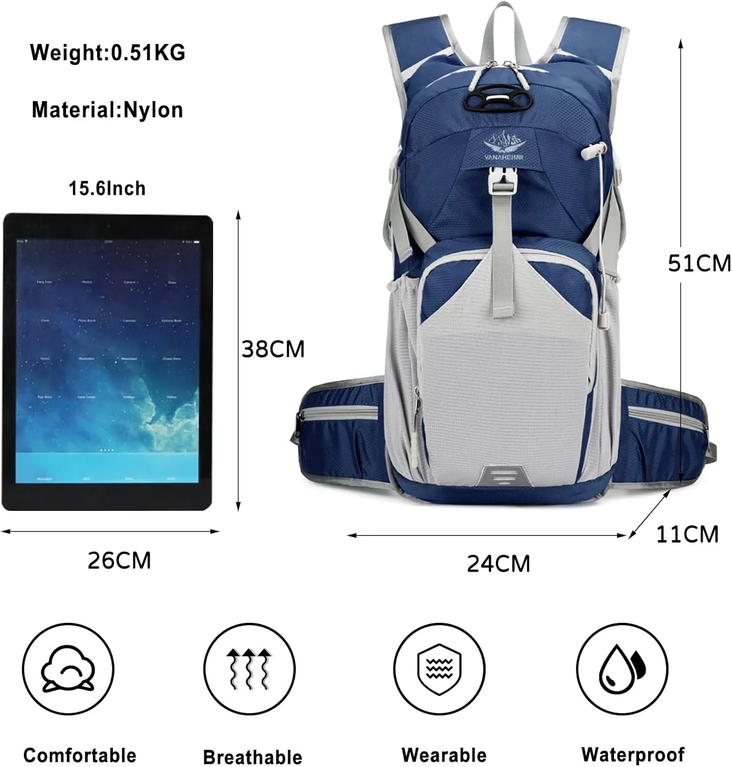 PORRASSO Hiking Backpack Waterproof Daypack 18L Rucksack Lightweight Backpack for Women Men Trekking Cycling Climbing Outdoor Sports Blue B