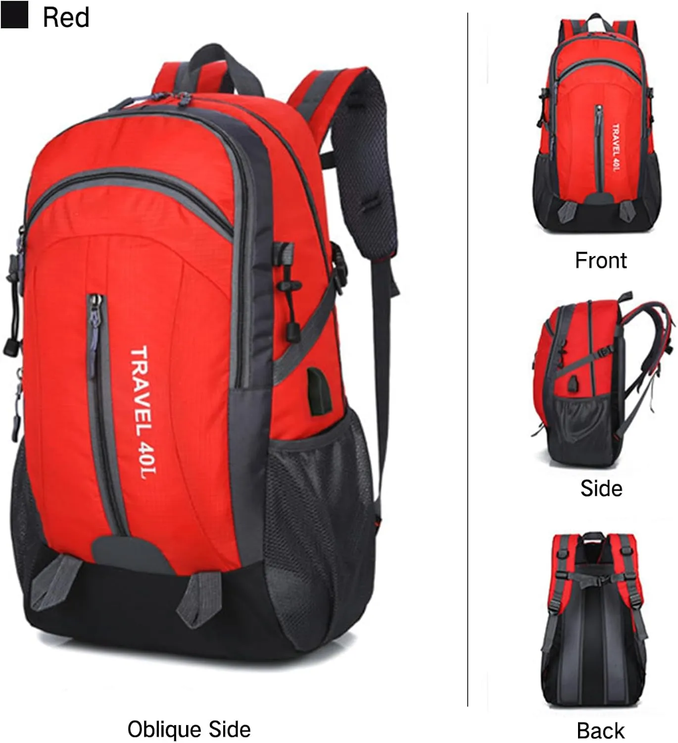 PORRASSO Hiking Backpack Waterproof Rucksack 40L Daypack with USB Charging Port Durable Backpack for Women Men Camping Climbing Travel Outdoor Sports Red