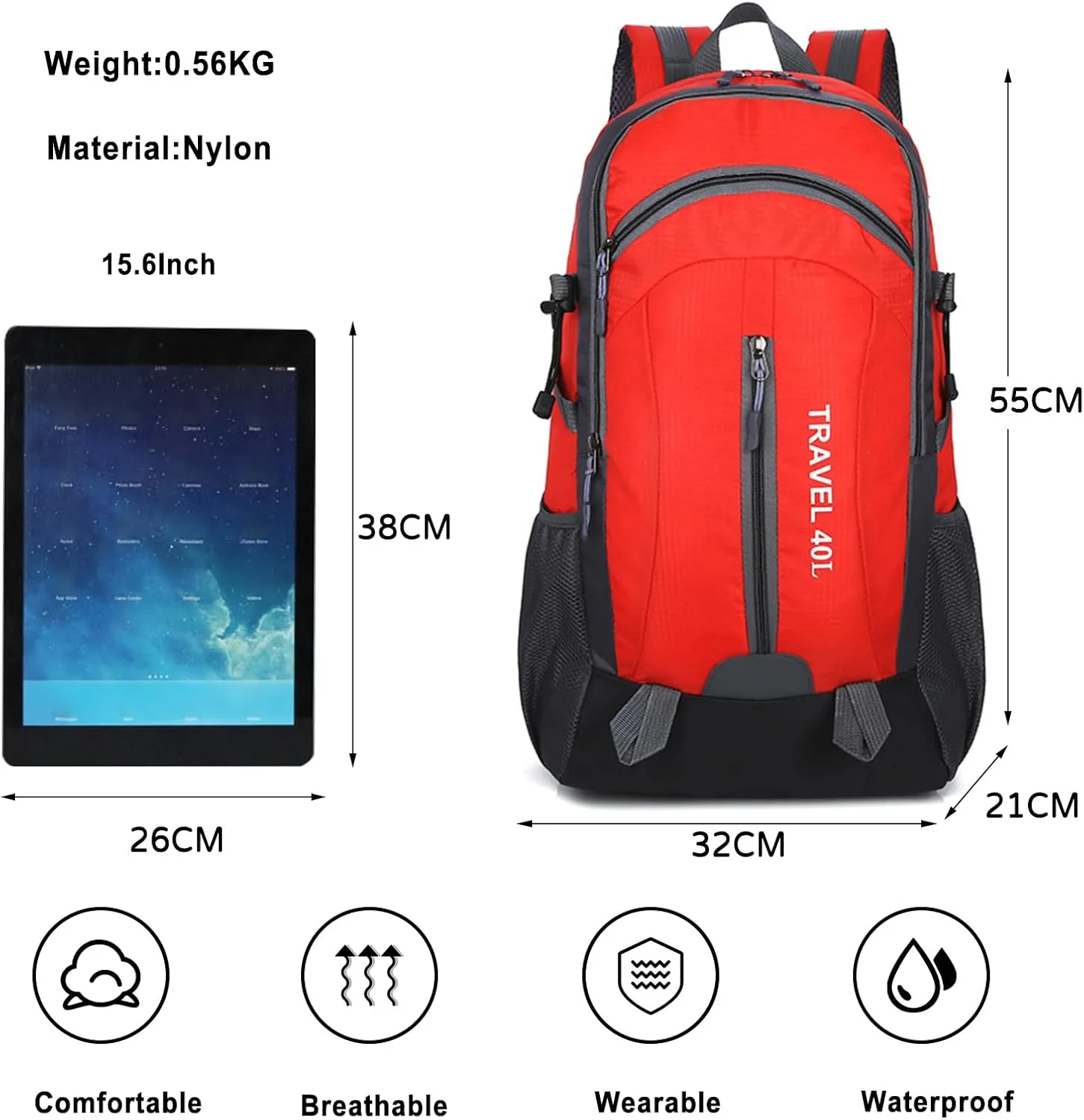 PORRASSO Hiking Backpack Waterproof Rucksack 40L Daypack with USB Charging Port Durable Backpack for Women Men Camping Climbing Travel Outdoor Sports Red