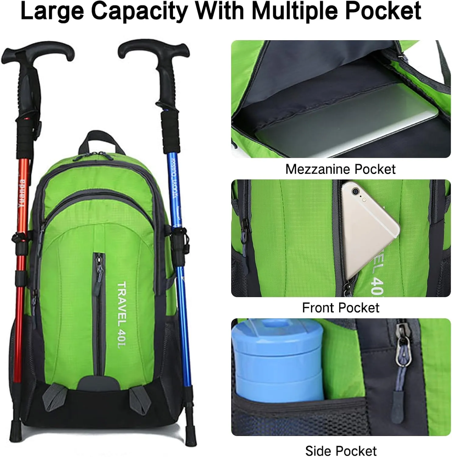 PORRASSO Hiking Backpack Waterproof Rucksack 40L Daypack with USB Charging Port Durable Backpack for Women Men Camping Climbing Travel Outdoor Sports Red