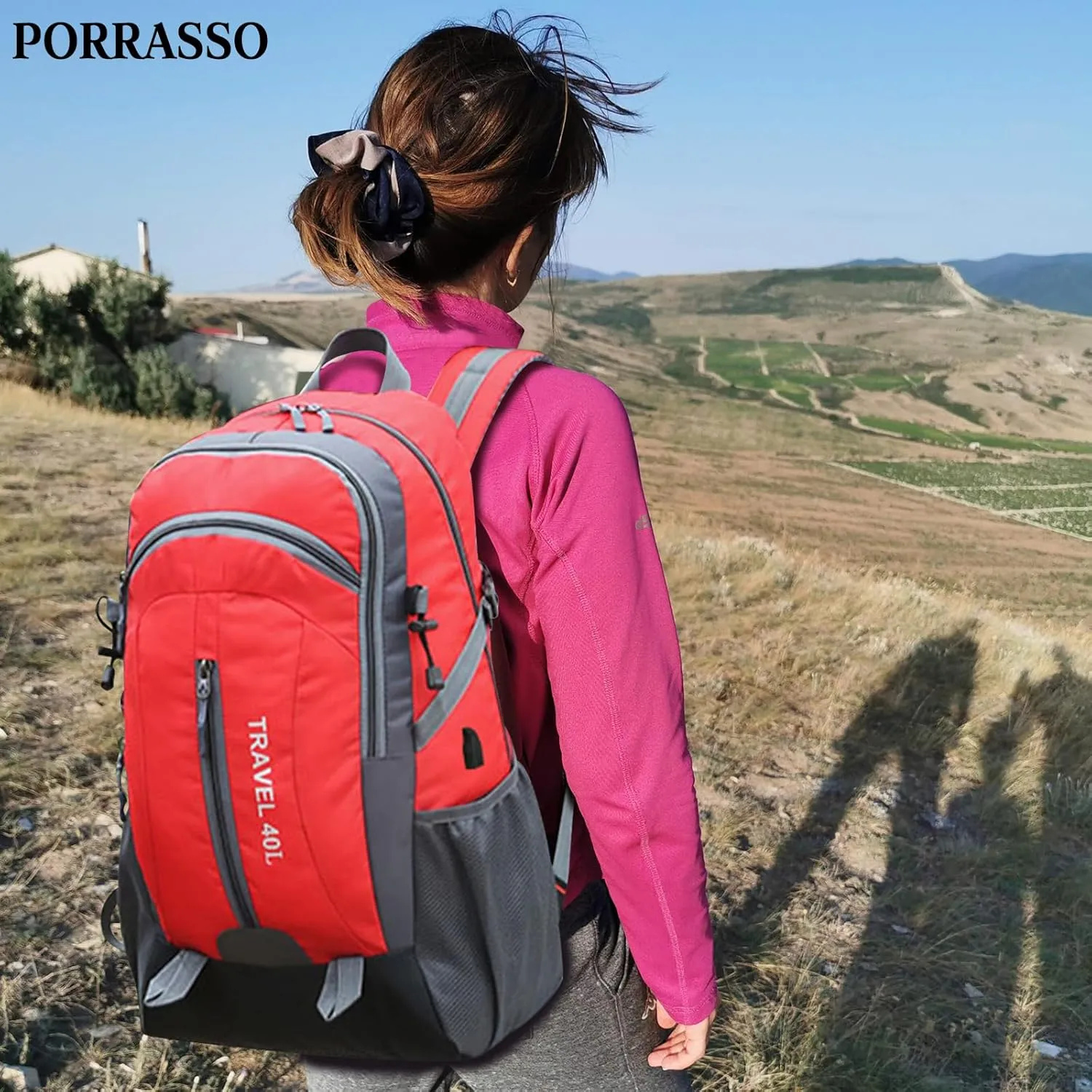 PORRASSO Hiking Backpack Waterproof Rucksack 40L Daypack with USB Charging Port Durable Backpack for Women Men Camping Climbing Travel Outdoor Sports Red