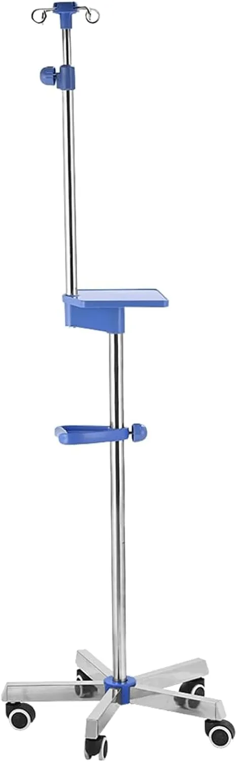 Portable Iv Pole 4 Hooks Iv Stand Stainless Steel Iv Pole W/5 Wheels & Tray Iv Pole Stand Adjustable Height Iv Bag Holder