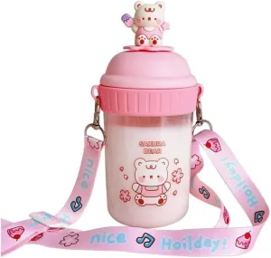 Portable Kettle Bear Water Bottle Cute Transparent Water Bottle Portable Water Bottle School Sports Leak-Proof Silicone Beverage Bottle Water Bottle (Color : Pink, Size : 480ml)