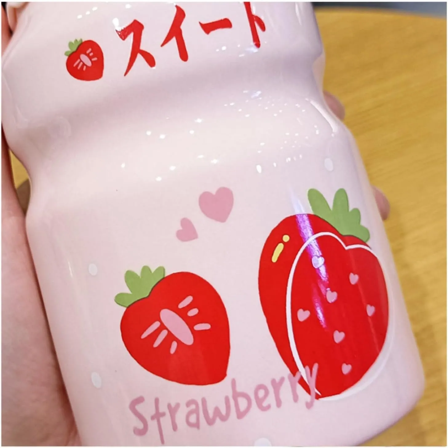 Portable Kettle Water Bottle Milk Juice Bottle with Straw Cute Cups with Lid and Straw Ceramic Mug with Silicone Lid Cute Water Bottle (Color : Pink-Strawberry, Size : 500ml)