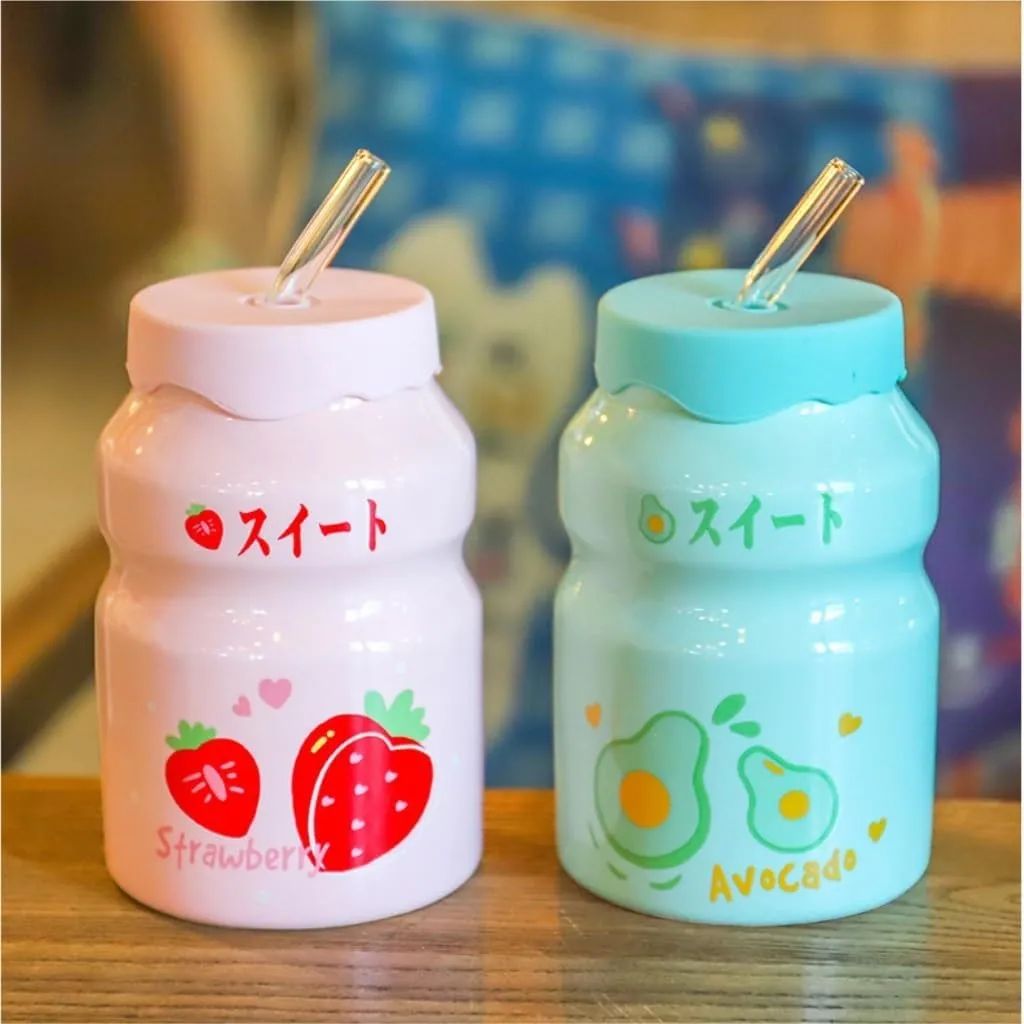 Portable Kettle Water Bottle Milk Juice Bottle with Straw Cute Cups with Lid and Straw Ceramic Mug with Silicone Lid Cute Water Bottle (Color : Pink-Strawberry, Size : 500ml)