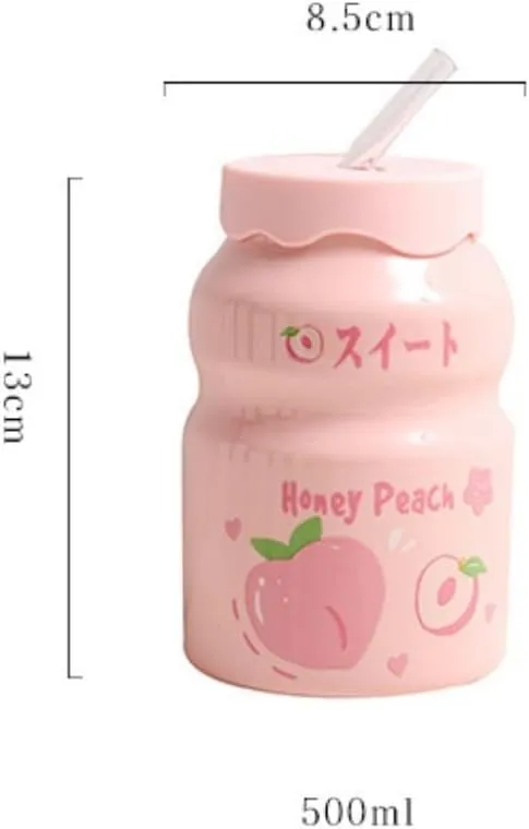 Portable Kettle Water Bottle Milk Juice Bottle with Straw Cute Cups with Lid and Straw Ceramic Mug with Silicone Lid Cute Water Bottle (Color : Pink-Strawberry, Size : 500ml)