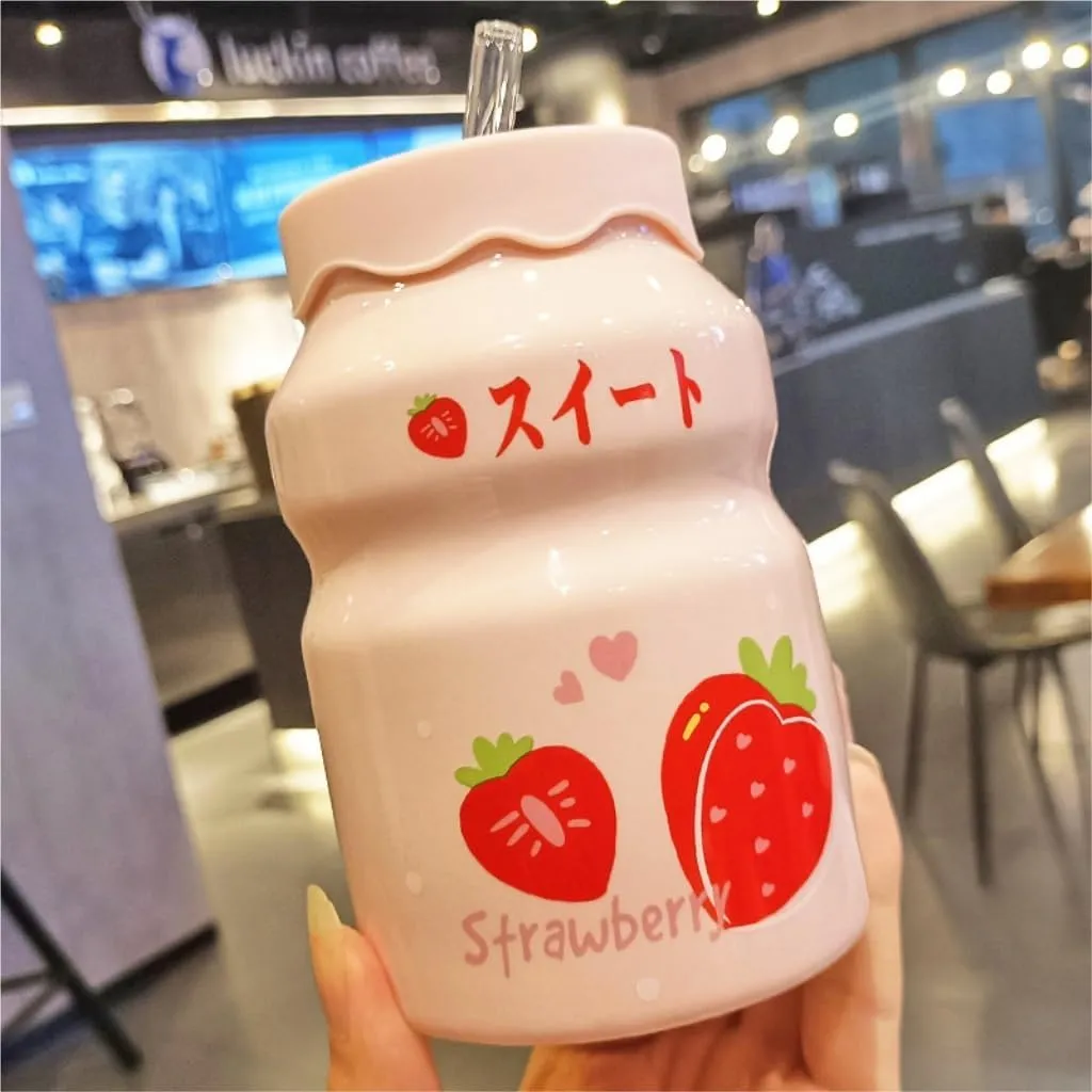 Portable Kettle Water Bottle Milk Juice Bottle with Straw Cute Cups with Lid and Straw Ceramic Mug with Silicone Lid Cute Water Bottle (Color : Pink-Strawberry, Size : 500ml)