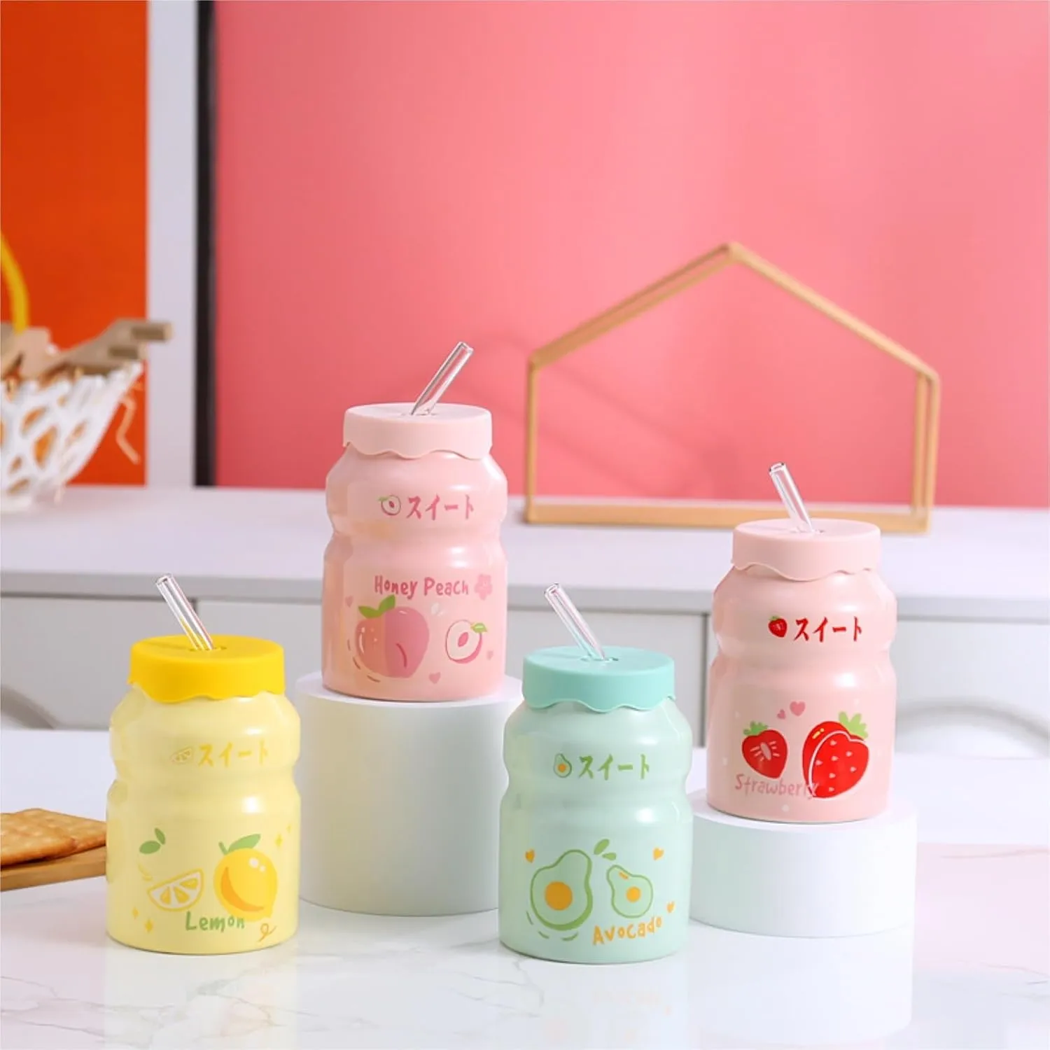 Portable Kettle Water Bottle Milk Juice Bottle with Straw Cute Cups with Lid and Straw Ceramic Mug with Silicone Lid Cute Water Bottle (Color : Pink-Strawberry, Size : 500ml)