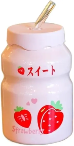 Portable Kettle Water Bottle Milk Juice Bottle with Straw Cute Cups with Lid and Straw Ceramic Mug with Silicone Lid Cute Water Bottle (Color : Pink-Strawberry, Size : 500ml)