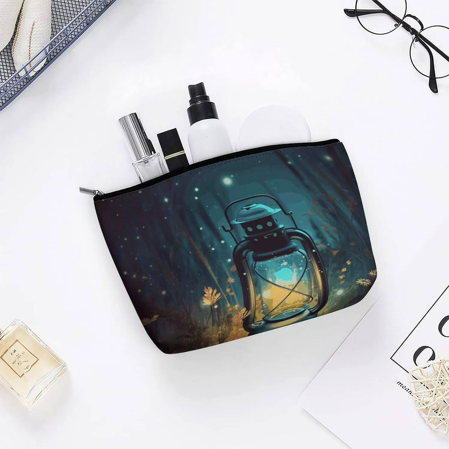 Portable Small Cosmetic Bag Cute Travel Makeup Bag Fireflies And Lantern Waterproof Toiletry Bag for Women