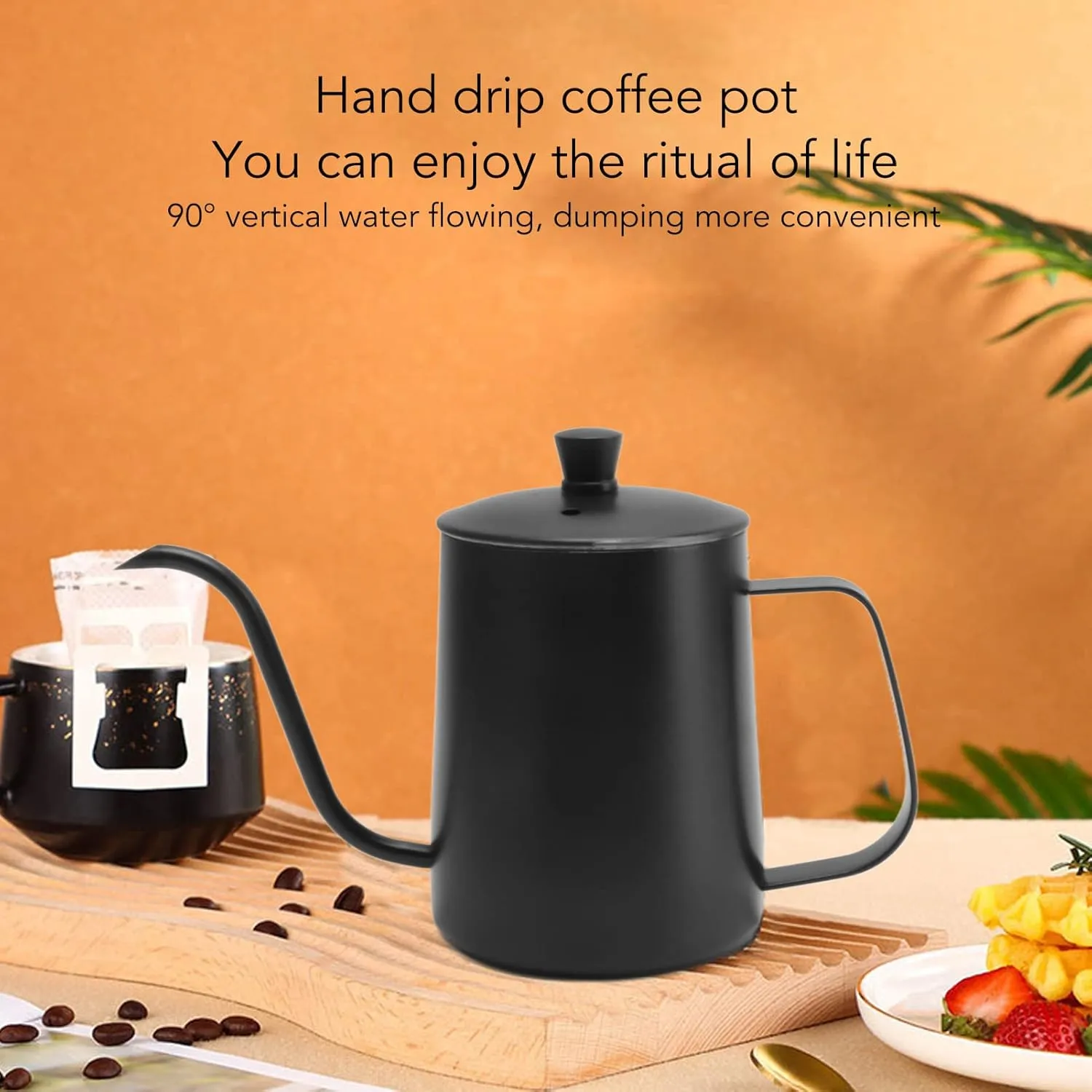 Pour Over Coffee Kettle, Stainless Steel Gooseneck Spout Pour Over Coffee Kettle Long Narrow Drip Spout Coffee Tea Pots for Pour Over Coffee, Home Brewing, Camping (20oz, Black with Lid)