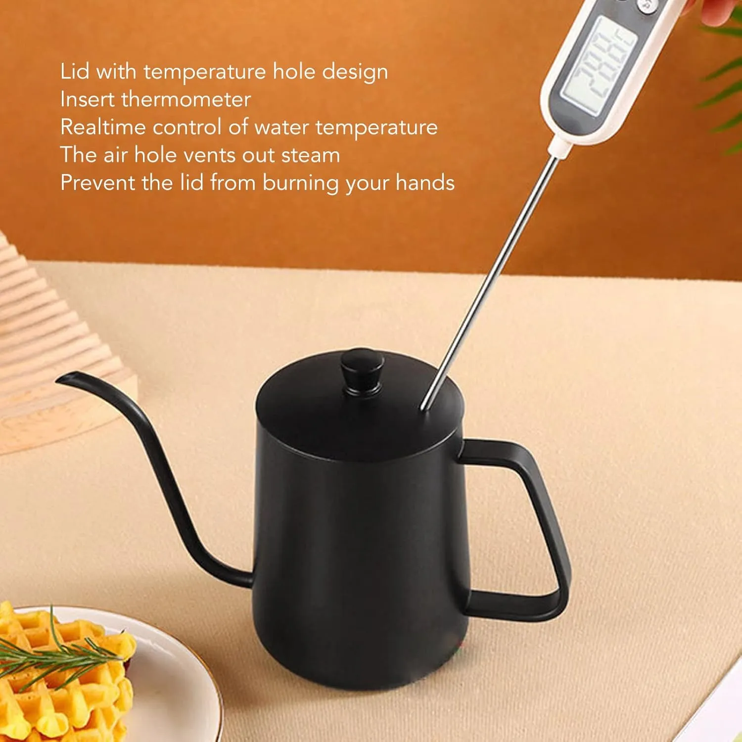 Pour Over Coffee Kettle, Stainless Steel Gooseneck Spout Pour Over Coffee Kettle Long Narrow Drip Spout Coffee Tea Pots for Pour Over Coffee, Home Brewing, Camping (20oz, Black with Lid)