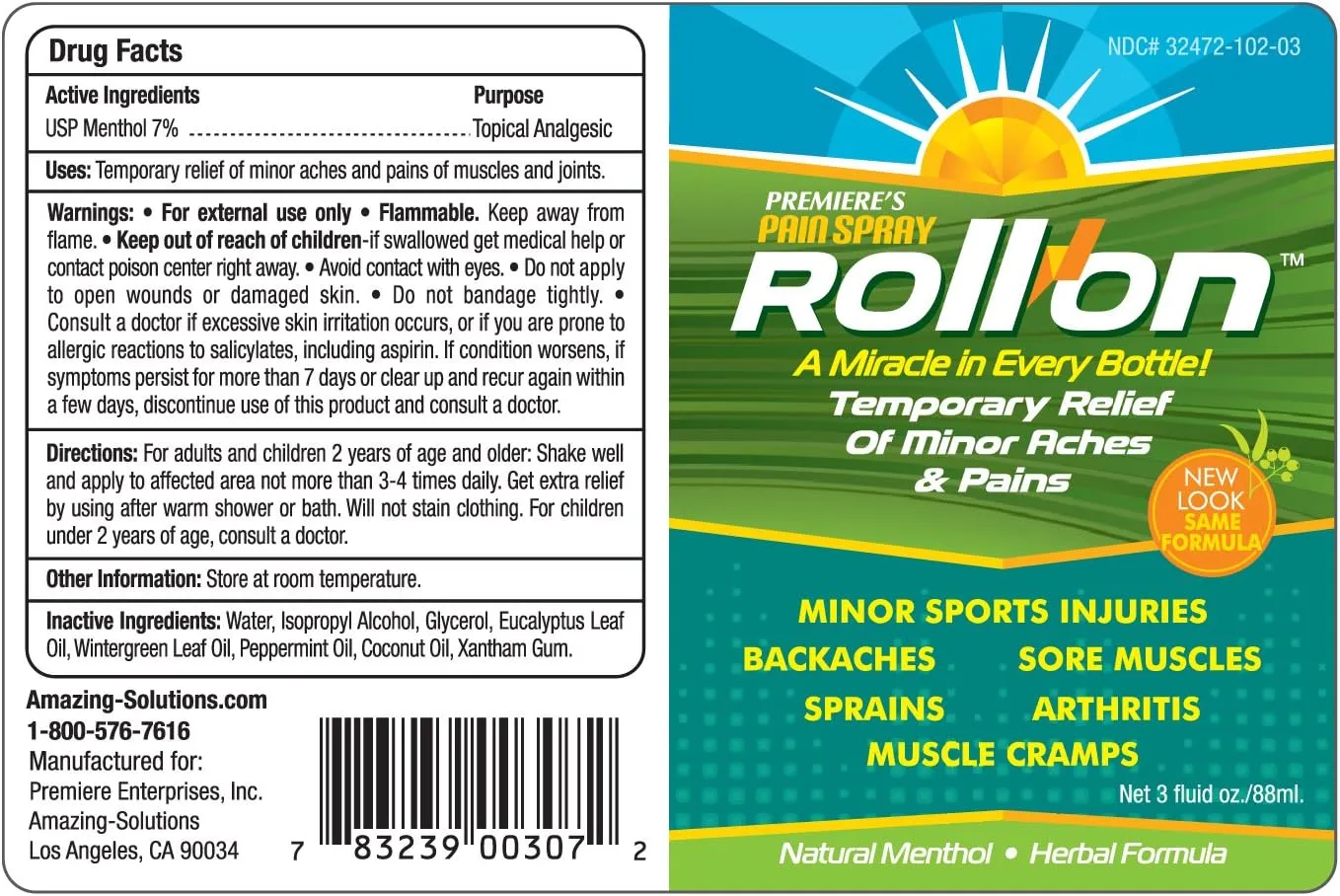 Premiere's Pain Spray All-Natural Menthol & Peppermint Roller Herbal Blend for Joint and Nerve Pain, Muscle Soreness, Sprains, Cramps, Sports Injuries, Back Pain & Neck Shoulder Aches - 3 Pack