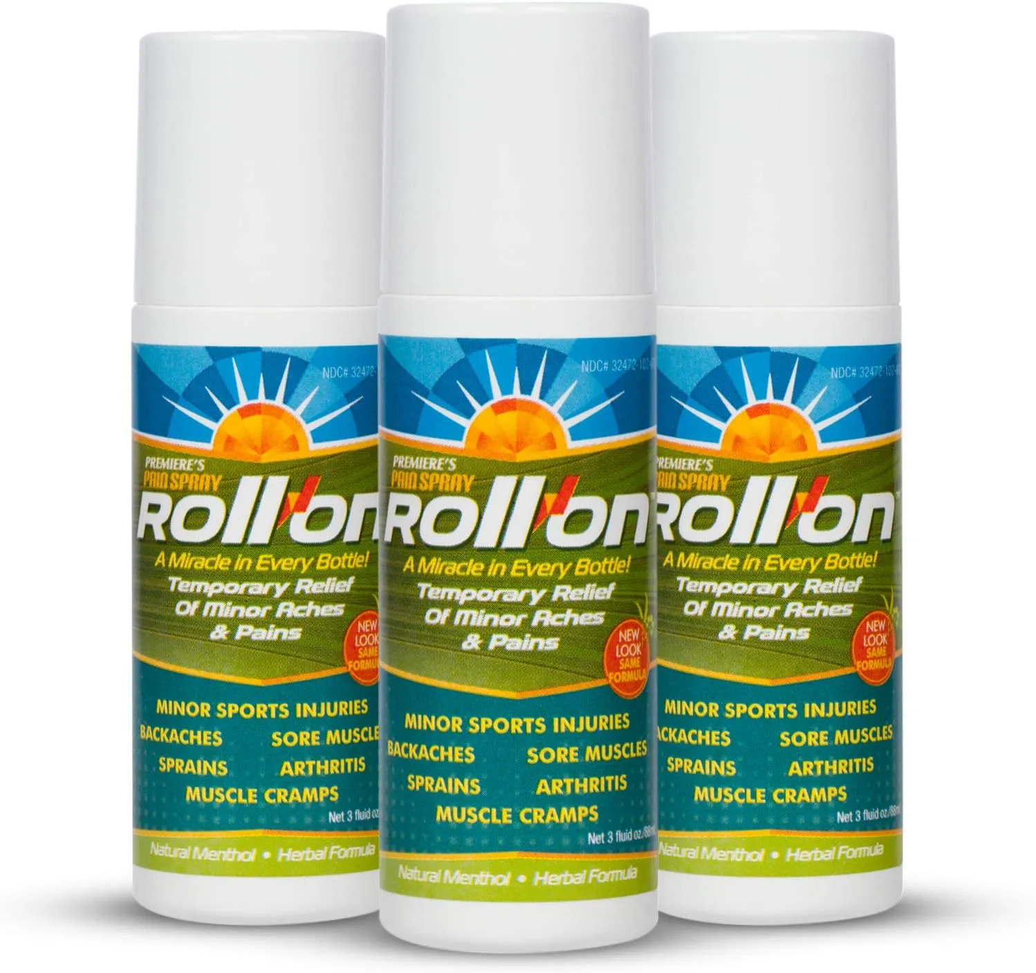Premiere's Pain Spray All-Natural Menthol & Peppermint Roller Herbal Blend for Joint and Nerve Pain, Muscle Soreness, Sprains, Cramps, Sports Injuries, Back Pain & Neck Shoulder Aches - 3 Pack
