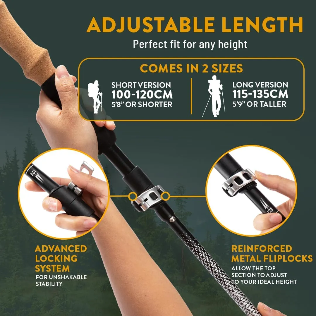 Premium Foldable Hiking Poles by USA Brand - Adjustable, Lightweight Trekking Poles Made of Aircraft Aluminum, Metal Flip Locks & Comfortable Real Cork and EVA Foam Grips