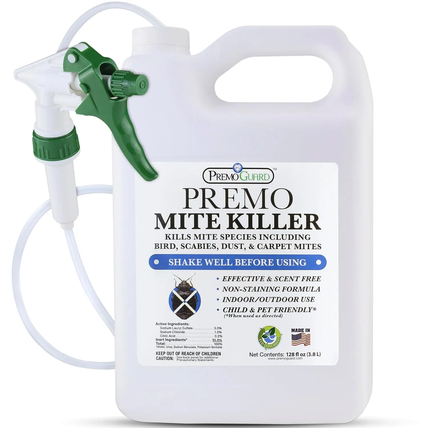 Premo Guard Mite Treatment Spray – 128 oz – Kills Dust, Human, Scabies, Spider, Carpet, Bird, Mouse & Rat Mites in Home, on Furniture, Bedding – Natural Non-Toxic 100% Effective – Child & Pet Safe