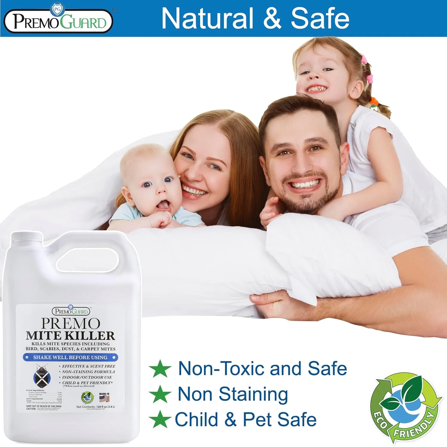 Premo Guard Mite Treatment Spray – 128 oz – Kills Dust, Human, Scabies, Spider, Carpet, Bird, Mouse & Rat Mites in Home, on Furniture, Bedding – Natural Non-Toxic 100% Effective – Child & Pet Safe