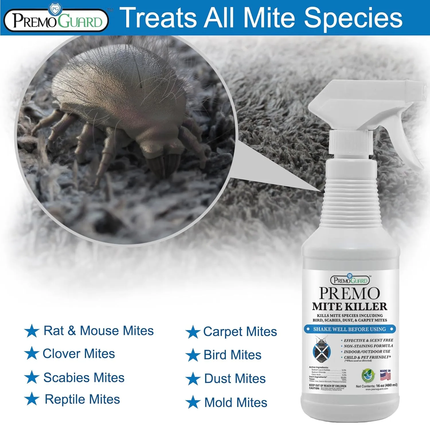 Premo Guard Mite Treatment Spray – 16 oz – Kills Dust, Scabies, Spider, Carpet, Bird, Mouse & Rat Mites in Home, on Furniture, Bedding – Natural Non-Toxic 100% Effective – Child & Pet Safe