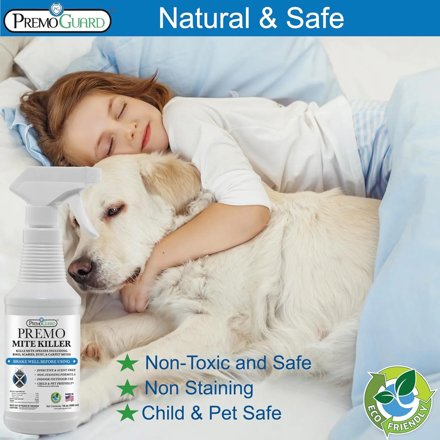 Premo Guard Mite Treatment Spray – 16 oz – Kills Dust, Scabies, Spider, Carpet, Bird, Mouse & Rat Mites in Home, on Furniture, Bedding – Natural Non-Toxic 100% Effective – Child & Pet Safe