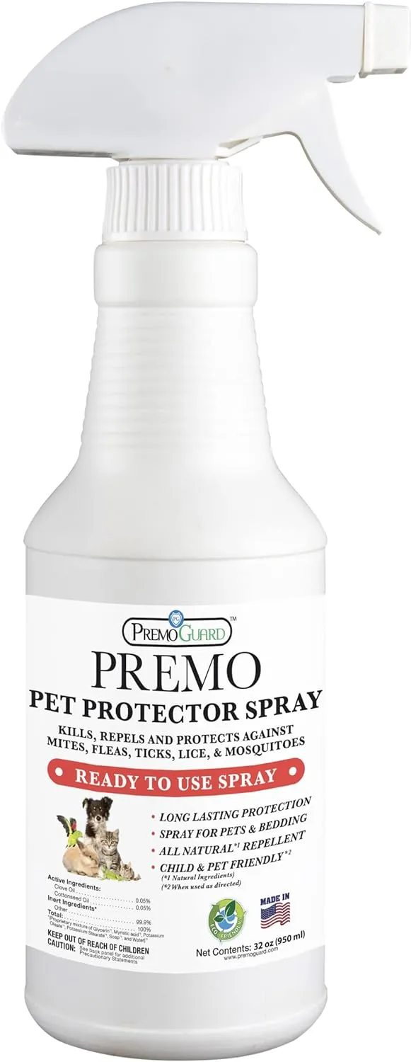 Premo Guard Pet Protector Spray - 32 oz - Kills Mites, Fleas, Ticks, & Mosquitoes - for Dogs, Cats, & Home - Natural Plant Based Oils for Control, Prevention & Treatment - Family Safe