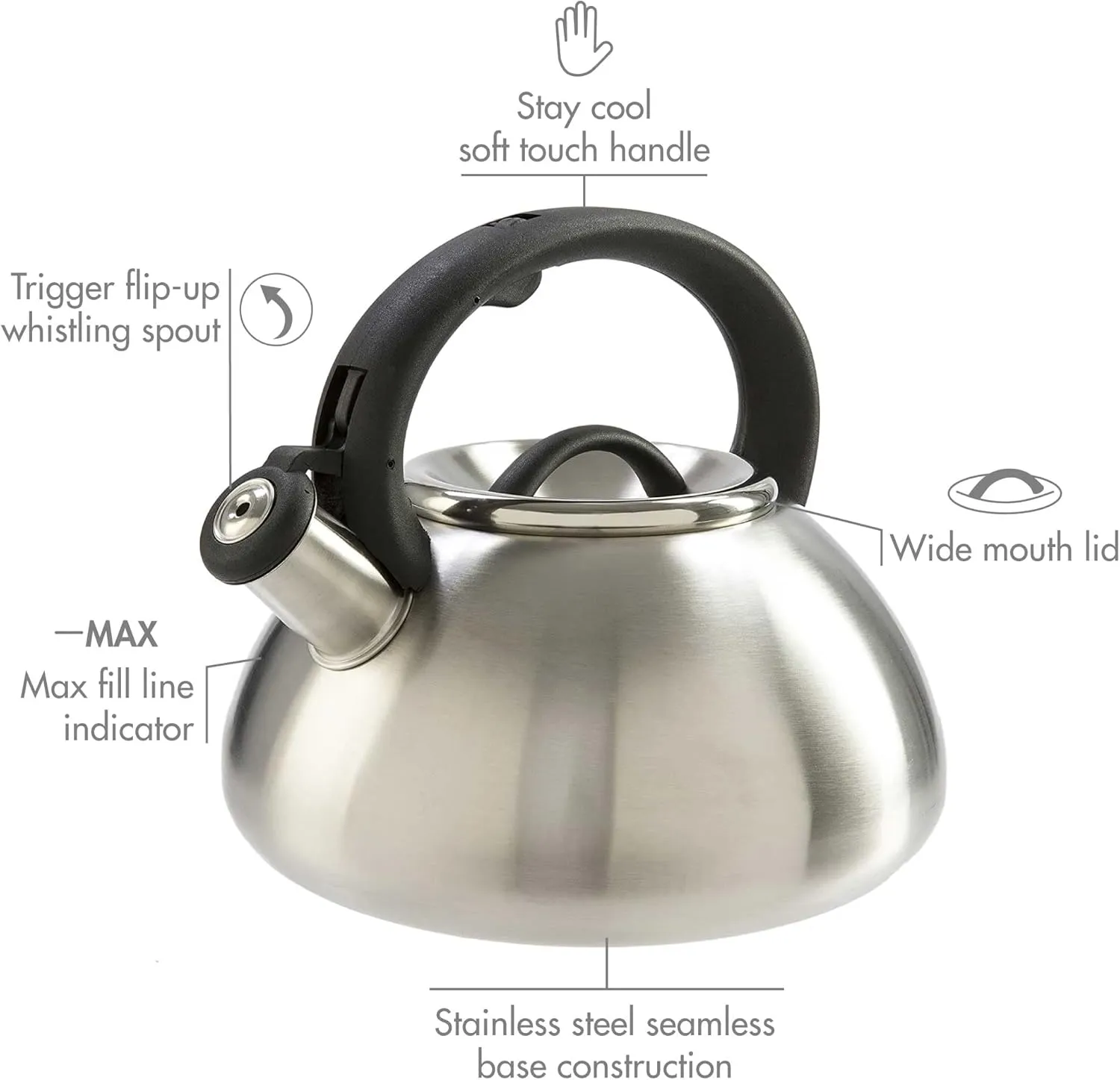Primula Avalon Whistling Kettle - Whistling Spout, Locking Spout Cover, and Stay-Cool Handle - Stainless Steel - 2.5 Quarts - Brushed Stainless Steel