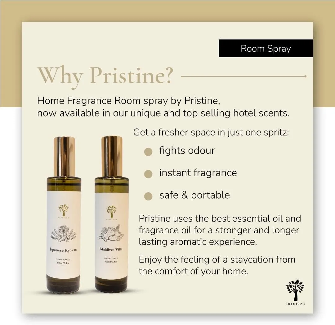 PRISTINE Maldives Villa/Inspired by Marriott Hotel Linen & Room Spray Air Freshener, Made With Essential Oils, Grapefruit, Apple, Ocean Breeze Scent, 3.4oz Pillow Spray