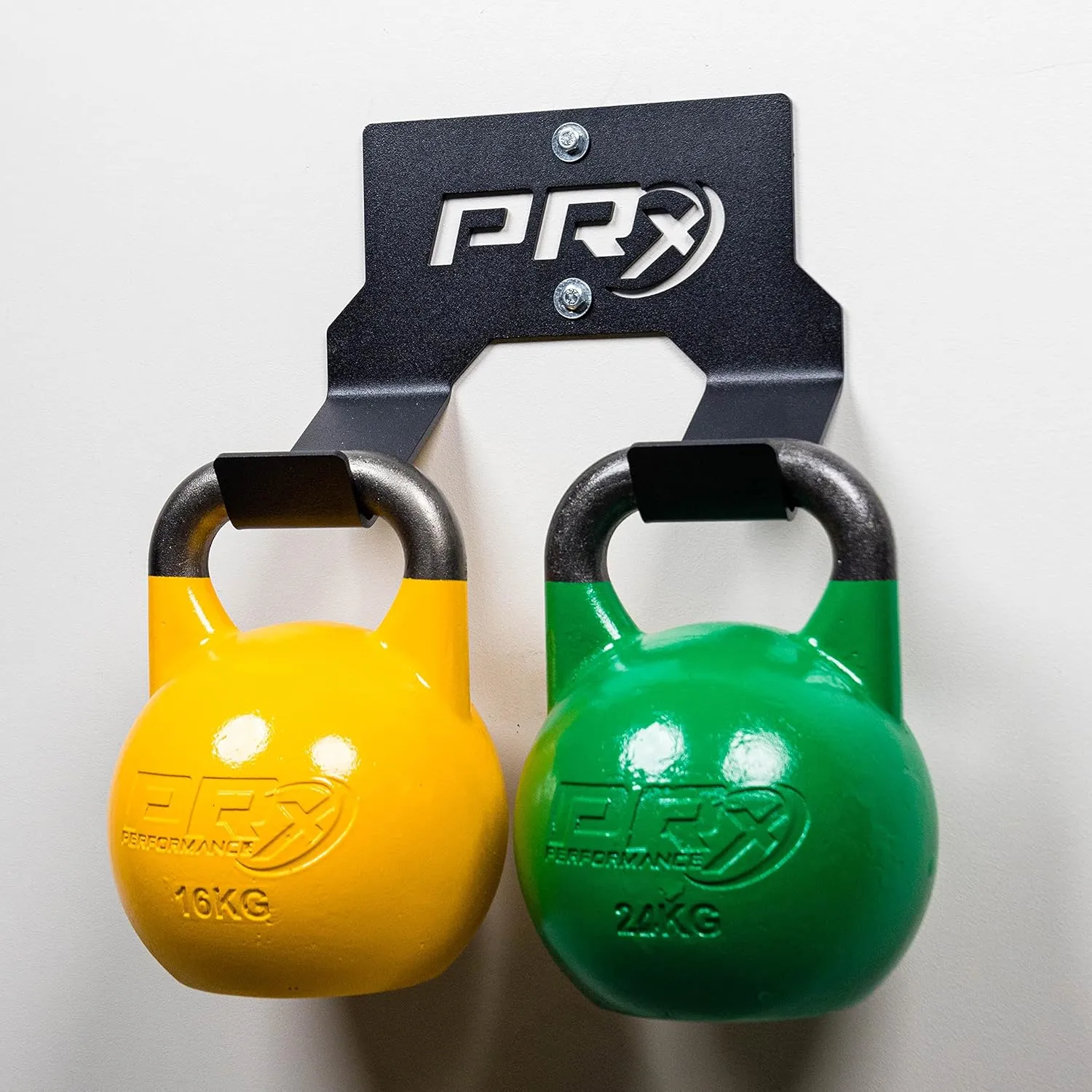 PRx Performance Double Kettlebell Storage Holder, USA Made Steel Wall Mounted 2 Kettle Bell Home Gym Space Saving Fitness Equipment Hanger Heavy Duty Hook Shelf