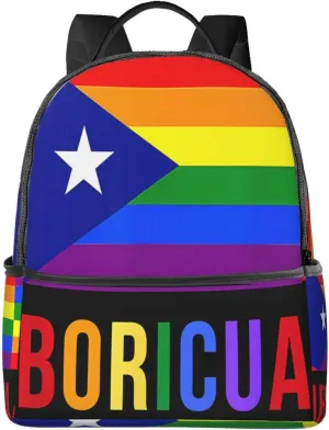 Puerto Rico Boricua Gay Pride LGBT Rainbow Flag Casual Backpacks Travel Backpack Fashion Rucksack Outdoor Daypack Lightweight Bag with Leather Handles for Working Hiking Camping