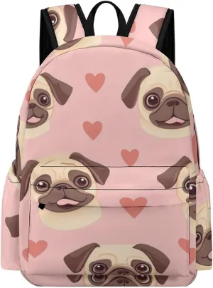 Pug Dogs And Hearts Lightweight Backpack Travel Daypack Laptop Backpacks with 1 Main Compartment Front Utility Pocket