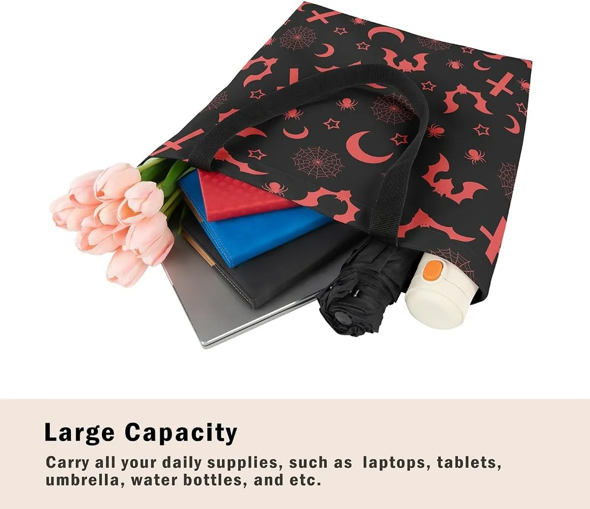 Pumpkin Lantern Canvas Tote Bag for Women,Spooky Halloween Lights Duffle Bag Gothic Handbag