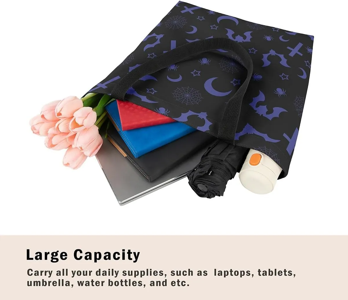Pumpkin Lantern Canvas Tote Bag for Women,Spooky Halloween Lights Duffle Bag Gothic Handbag