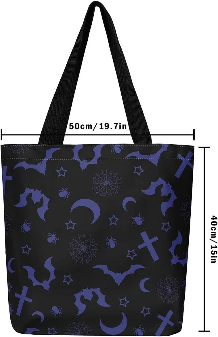 Pumpkin Lantern Canvas Tote Bag for Women,Spooky Halloween Lights Duffle Bag Gothic Handbag