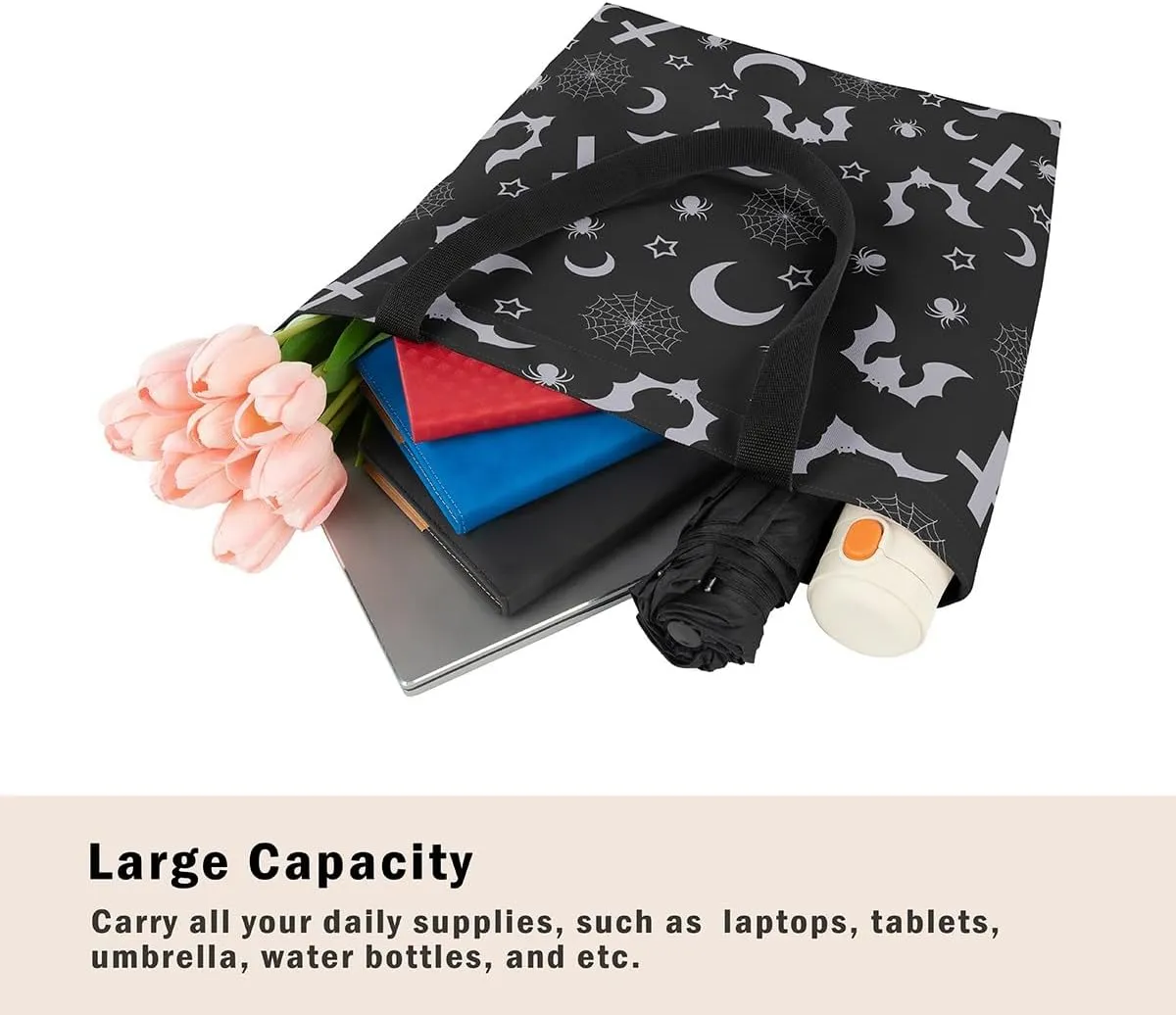 Pumpkin Lantern Canvas Tote Bag for Women,Spooky Halloween Lights Duffle Bag Gothic Handbag