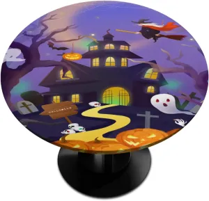 Pumpkin Lantern Castle Round Fitted Tablecloth with Elastic Edged for 36" - 42" Tables, Round Table Cover Waterproof Wipeable Table Cloth for Kitchen Indoor Outdoor