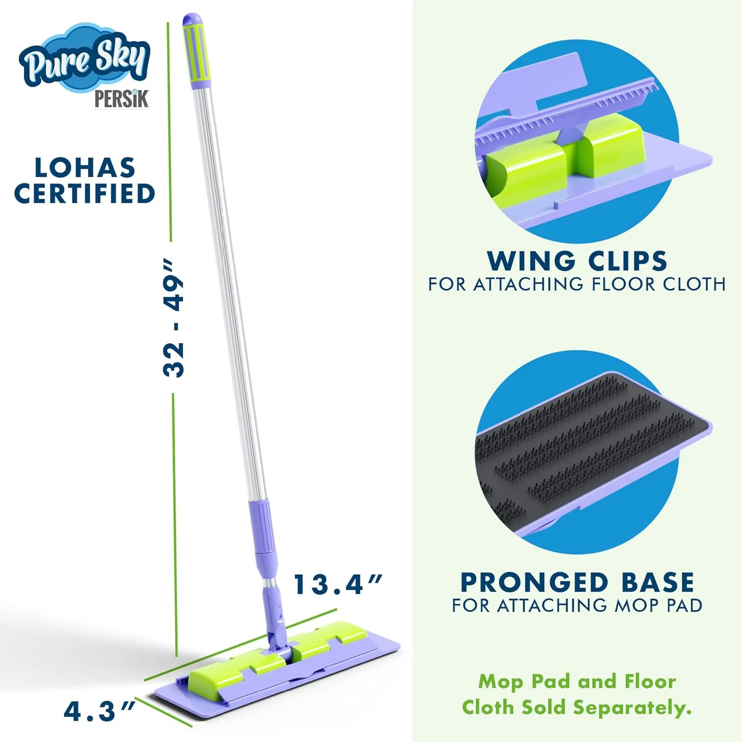 Pure-Sky Ultra Microfiber Floor Mop - Deep Clean Damp Mop - Telescopic Extension Pole - Multi-Function - Light Weight - Strong Durable Aluminum Handle - Duo-Safety Locking Device
