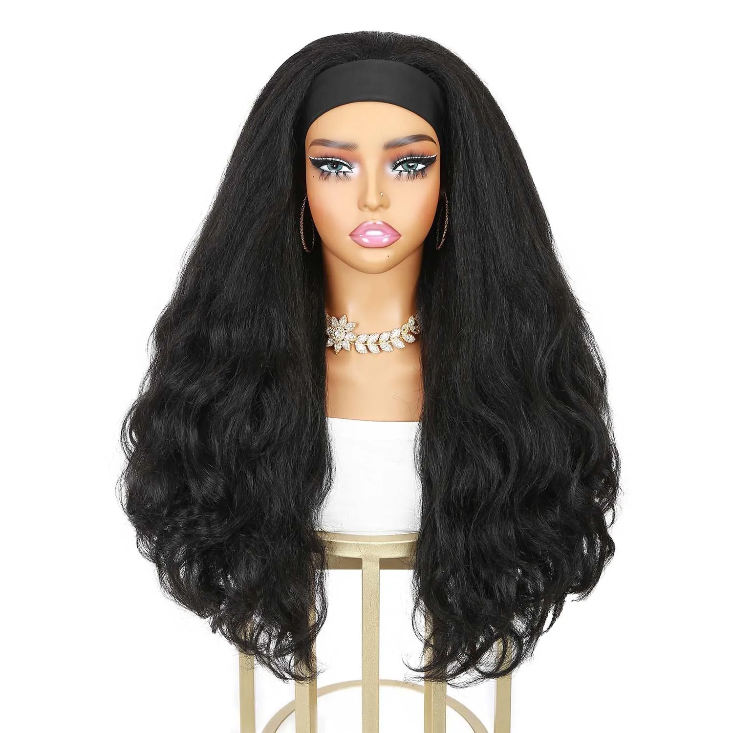 Quantum Love Yaki Curly Headband Wigs for Black Women Kinky Straight Black Headband Curly Ends 26inch Synthetic Wear and Go Glueless half Wig with Headbands Attached