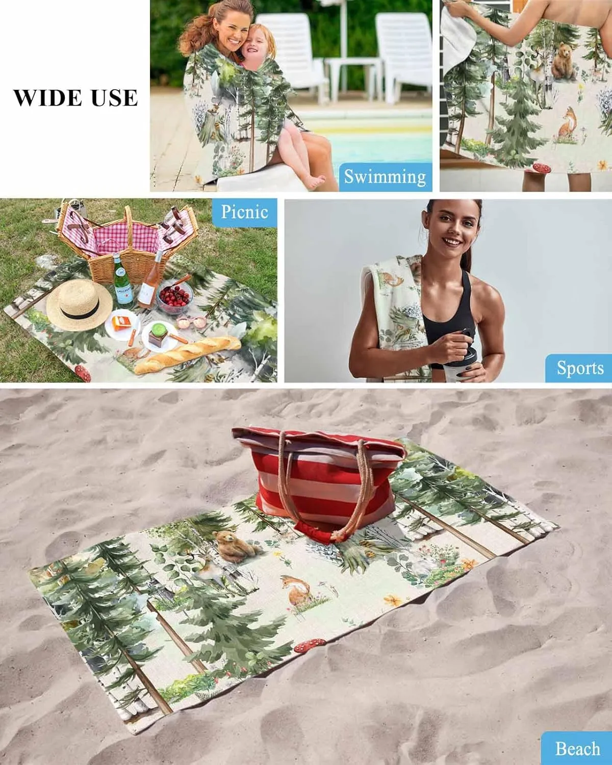 Quick-Drying Microfiber Beach Towel, Animals in The Forest Soft Absorbent Bath Shower Towels, Farmhouse Country Lightweight Portable Towel/Blanket for Travel/Swimming Pool/Camping/Yoga/Gym，35x70 Inch