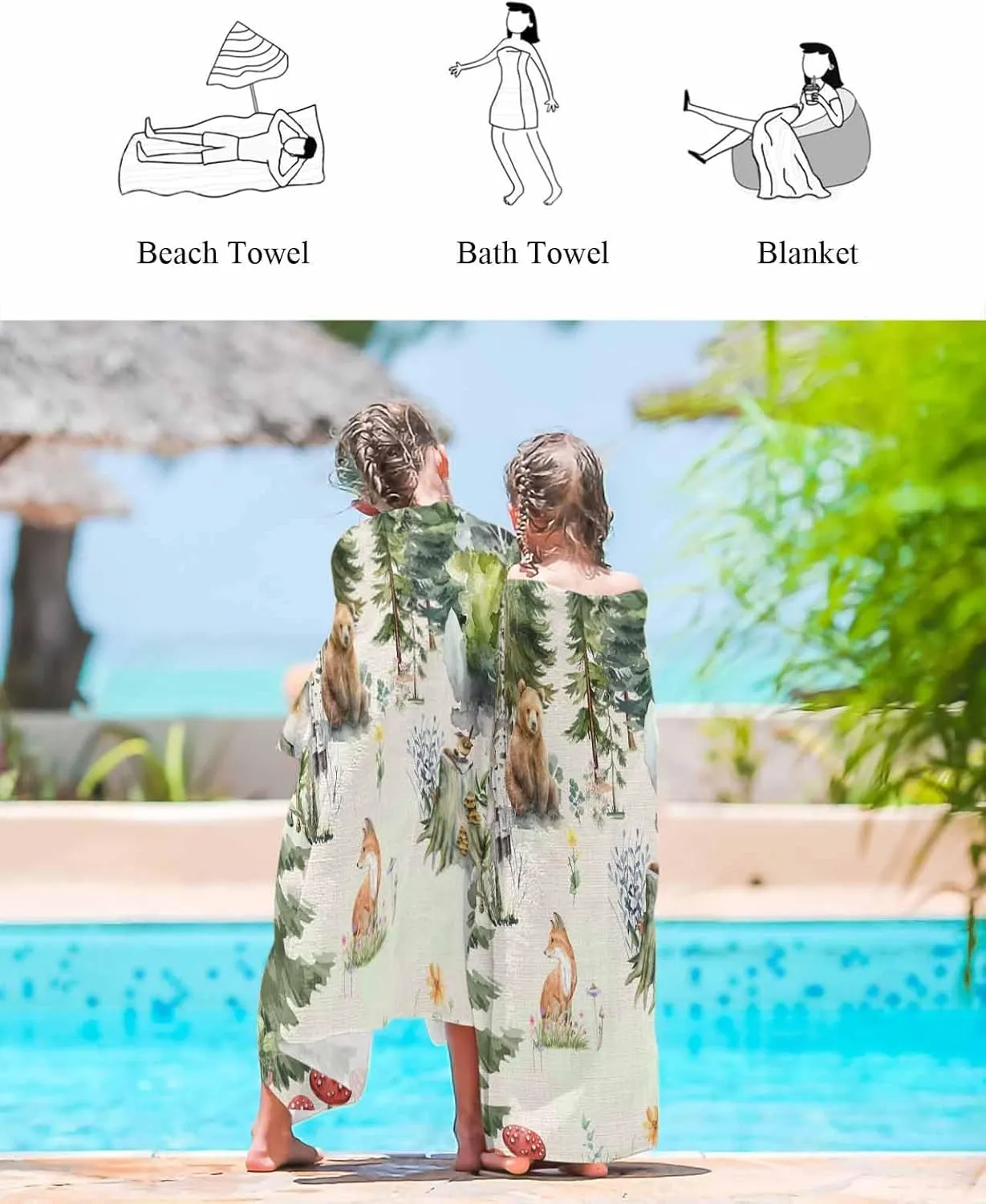 Quick-Drying Microfiber Beach Towel, Animals in The Forest Soft Absorbent Bath Shower Towels, Farmhouse Country Lightweight Portable Towel/Blanket for Travel/Swimming Pool/Camping/Yoga/Gym，35x70 Inch