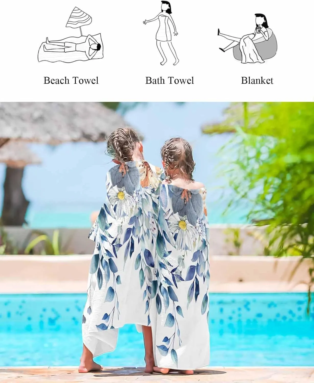Quick-Drying Microfiber Beach Towel, Floral Eucalyptus Leaves Soft Absorbent Bath Shower Towels, Flower Blue Lightweight Portable Towel/Blanket for Travel/Swimming Pool/Camping/Yoga/Gym，35x70 Inch