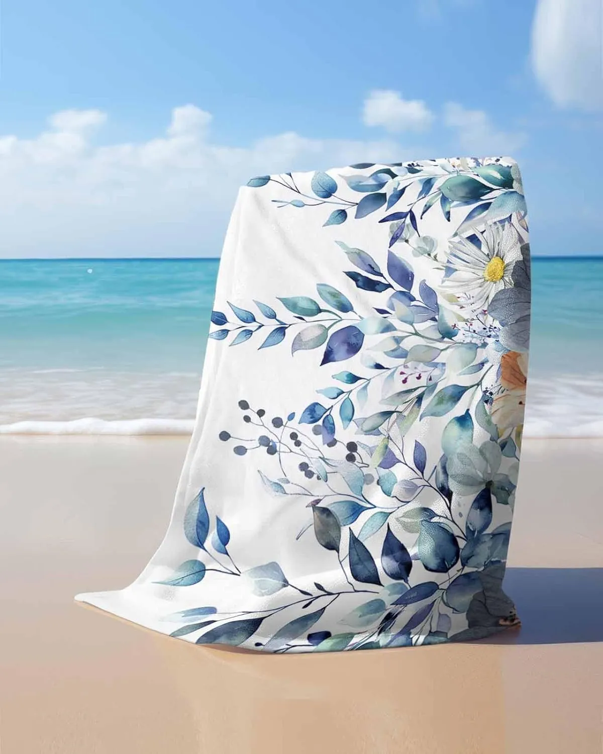 Quick-Drying Microfiber Beach Towel, Floral Eucalyptus Leaves Soft Absorbent Bath Shower Towels, Flower Blue Lightweight Portable Towel/Blanket for Travel/Swimming Pool/Camping/Yoga/Gym，35x70 Inch